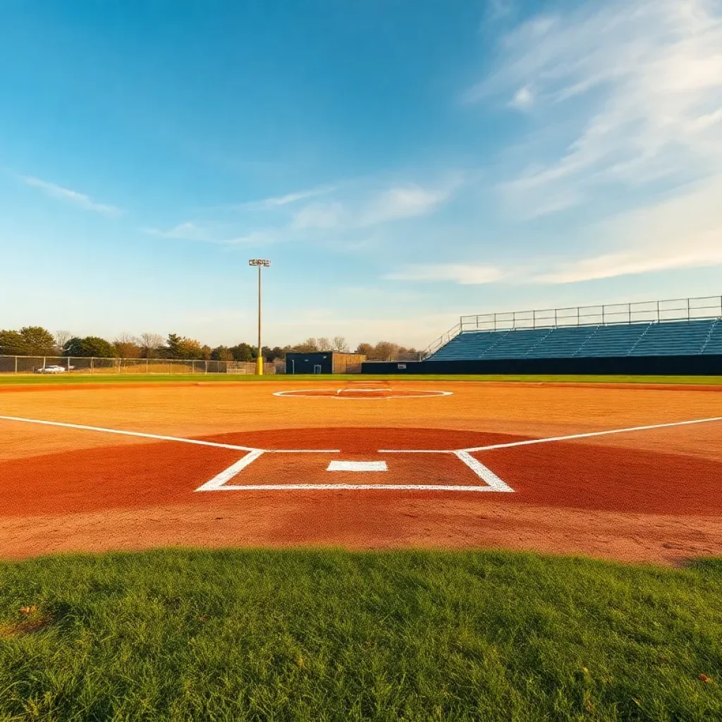 An empty baseball field in South Dakota under a clear sky