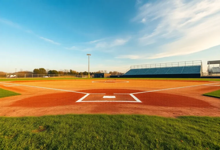 An empty baseball field in South Dakota under a clear sky