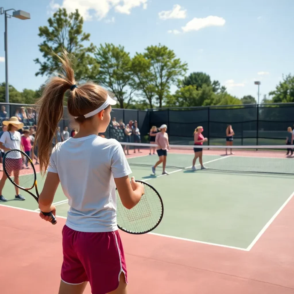 High school tennis players competing on court during a match