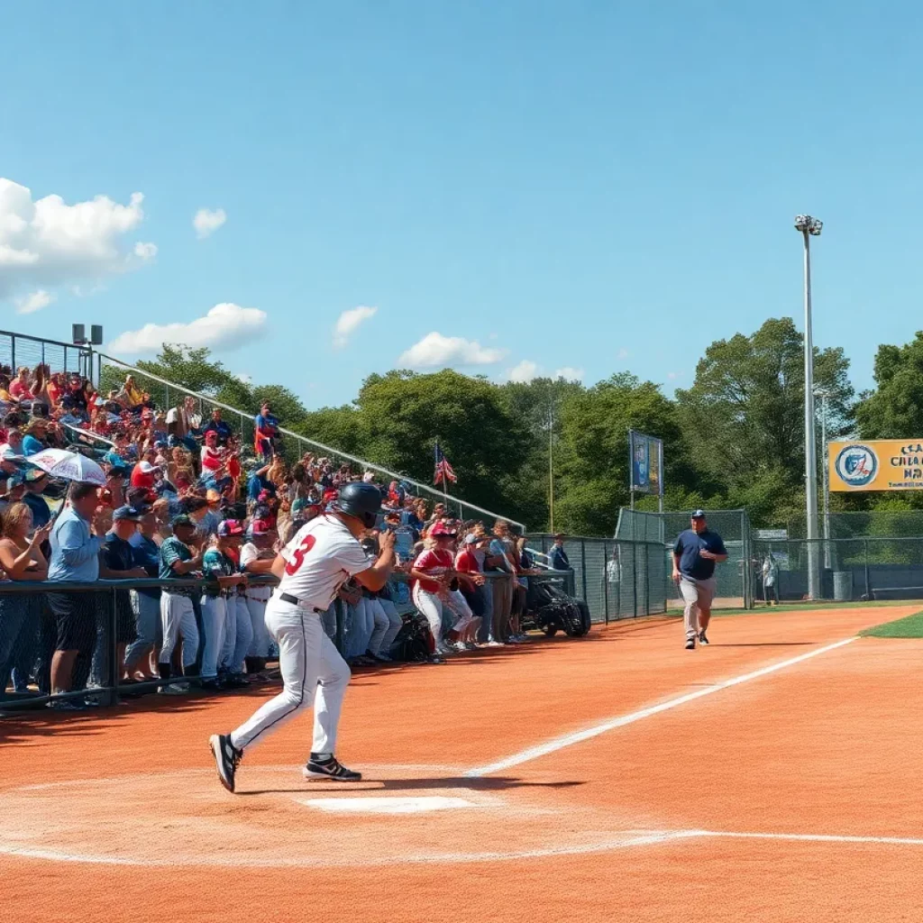 High school baseball championship game with players in action and cheering fans