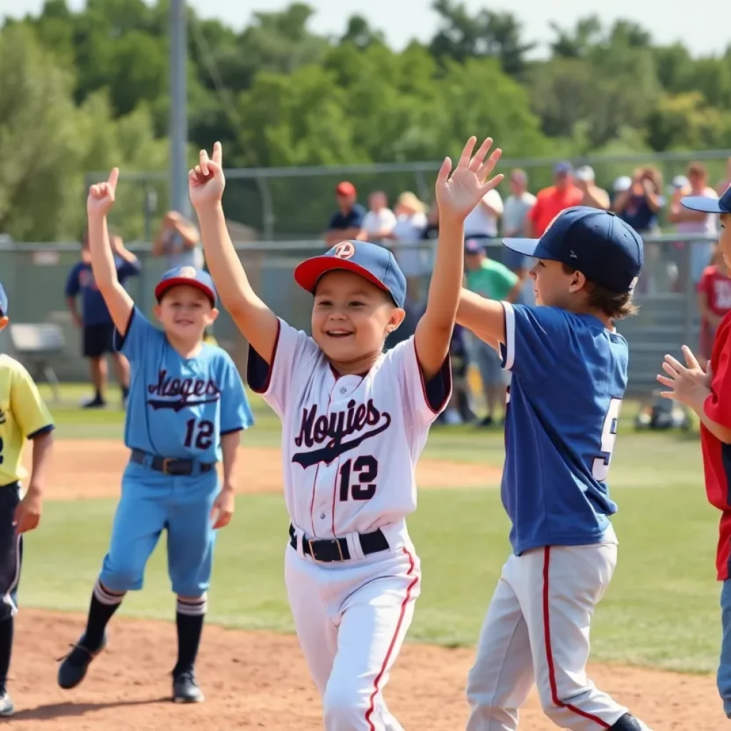 Celebration of youth baseball players on the field.