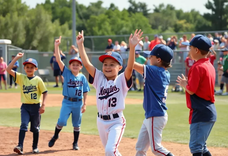 Celebration of youth baseball players on the field.