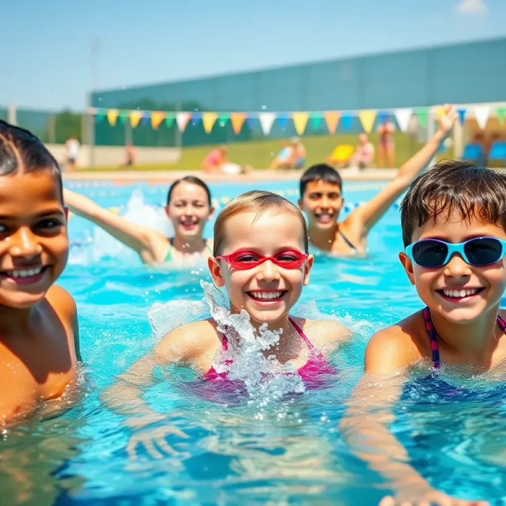 Young swimmers practicing in a sunny pool during summer.