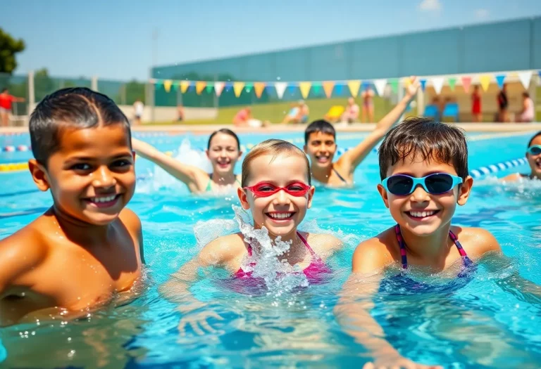 Young swimmers practicing in a sunny pool during summer.