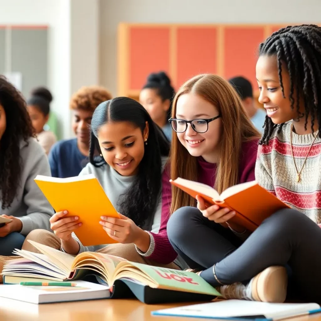Diverse high school students studying together