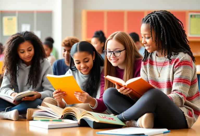 Diverse high school students studying together