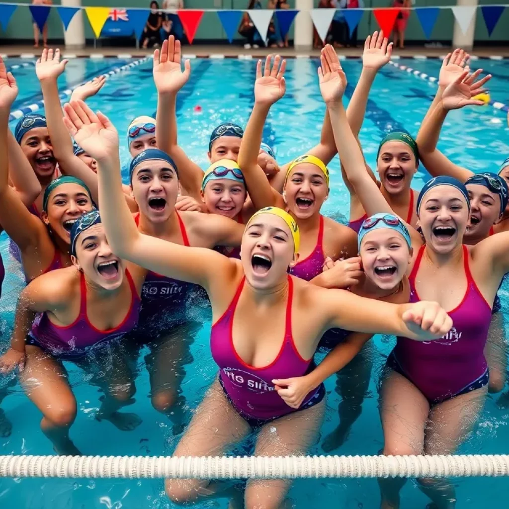 Swimmers celebrating a victory at the pool
