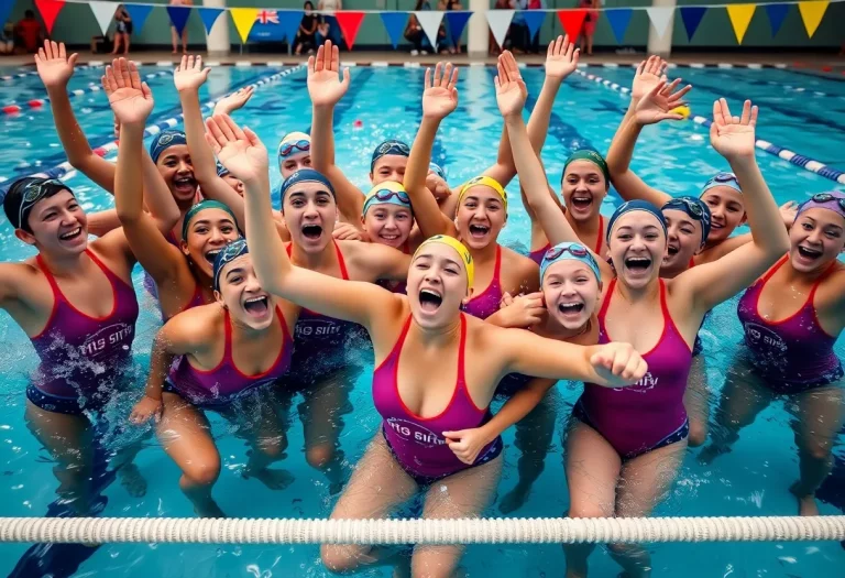Swimmers celebrating a victory at the pool