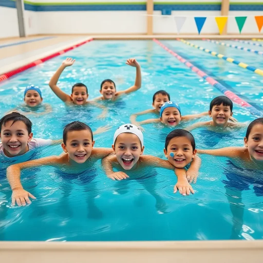 Group of young swimmers training at a swimming pool