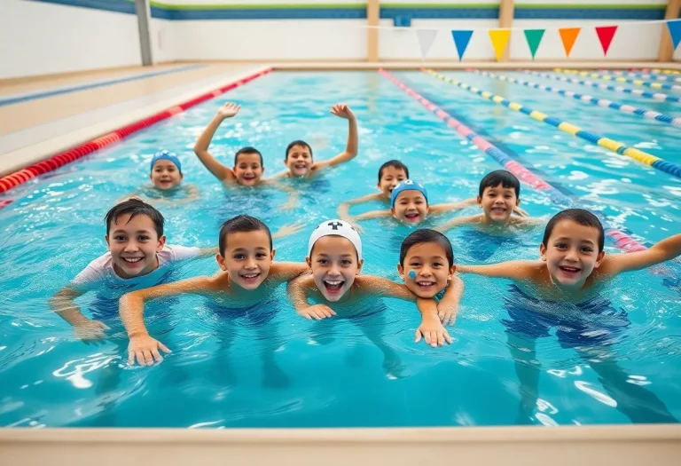 Group of young swimmers training at a swimming pool