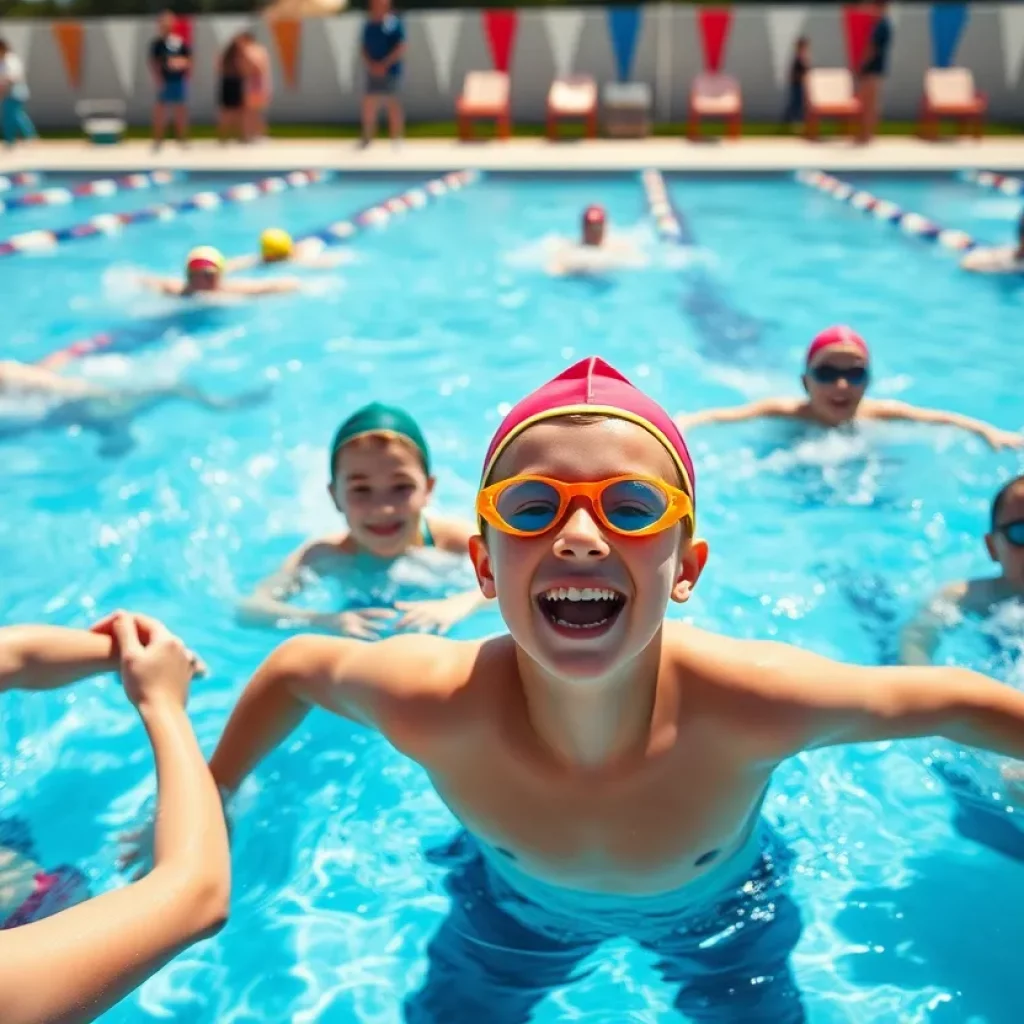 Young swimmers competing in a sunny outdoor pool.