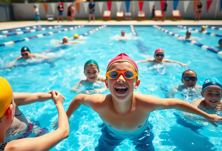 Young swimmers competing in a sunny outdoor pool.
