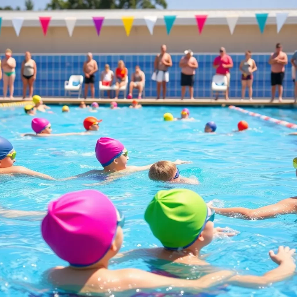 Young swimmers at the Taft Tigersharks Swim Club practicing in the pool during summer.