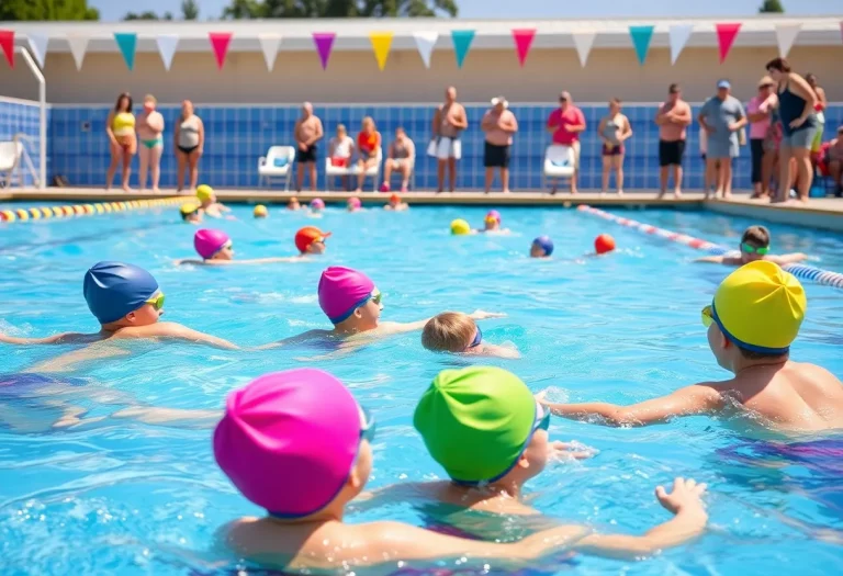 Young swimmers at the Taft Tigersharks Swim Club practicing in the pool during summer.