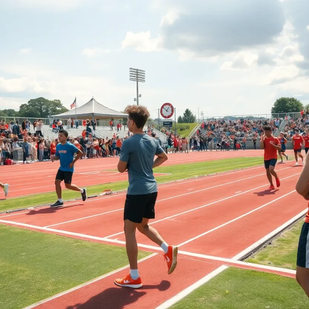 Athletes training on the Tate High School track field.