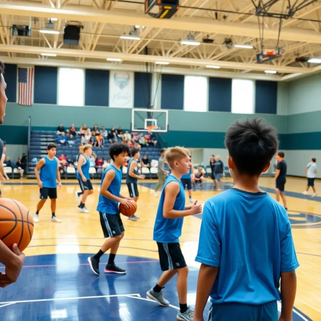 High school girls basketball team practicing in a gym