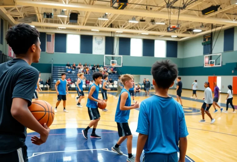 High school girls basketball team practicing in a gym