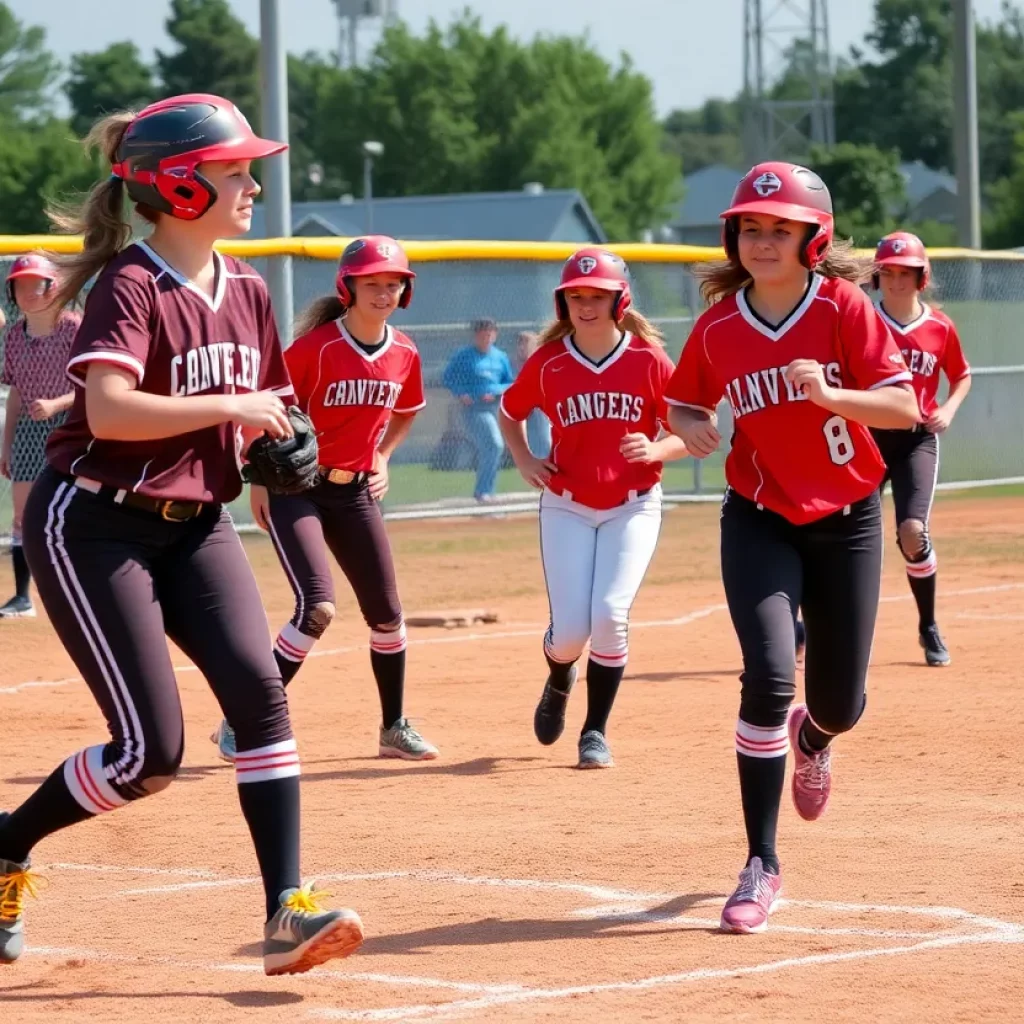 High school athletes competing in softball during a game