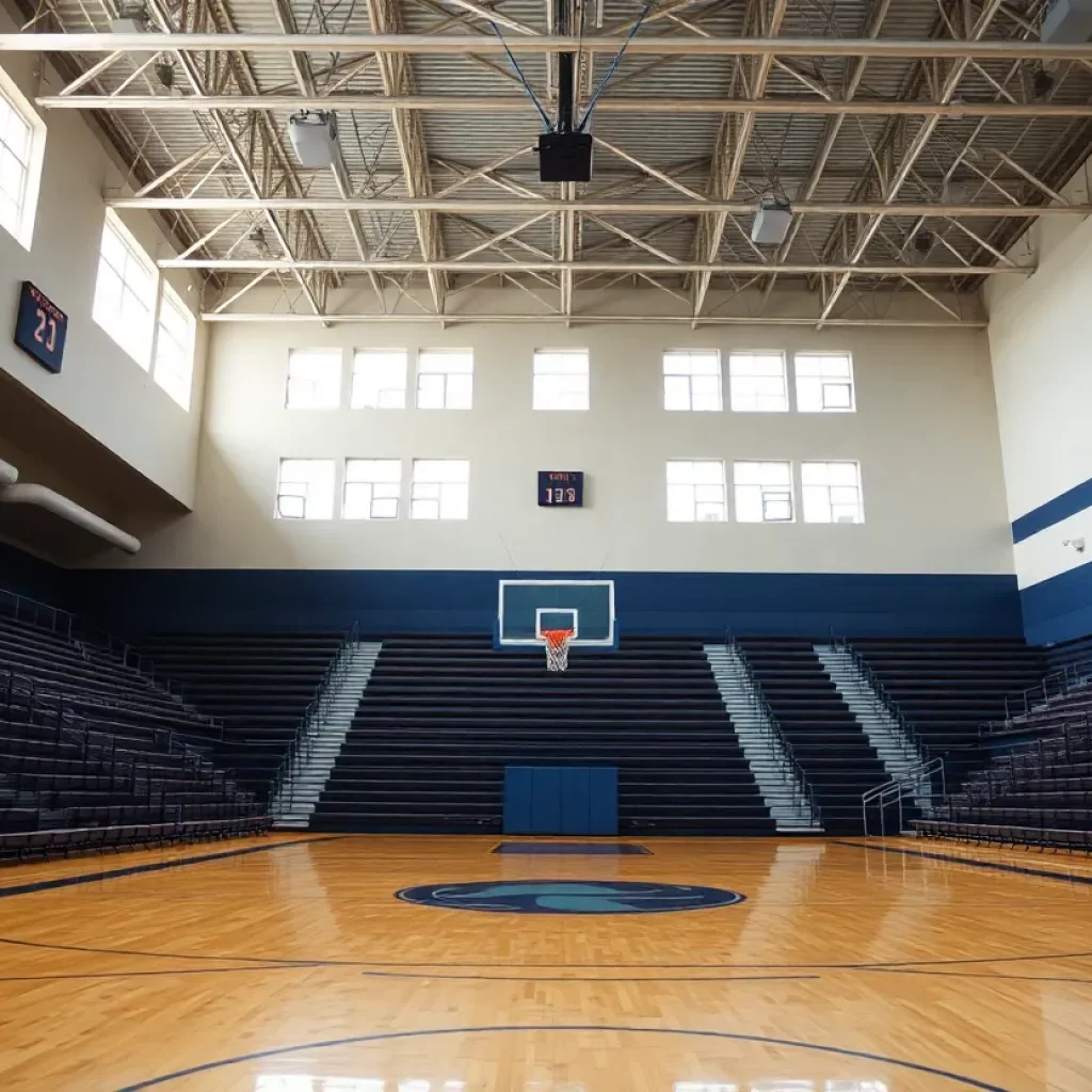 Empty high school basketball gym without a shot clock