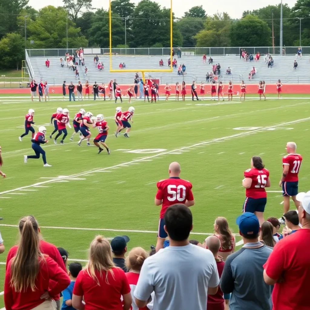 High school football players practicing on the field