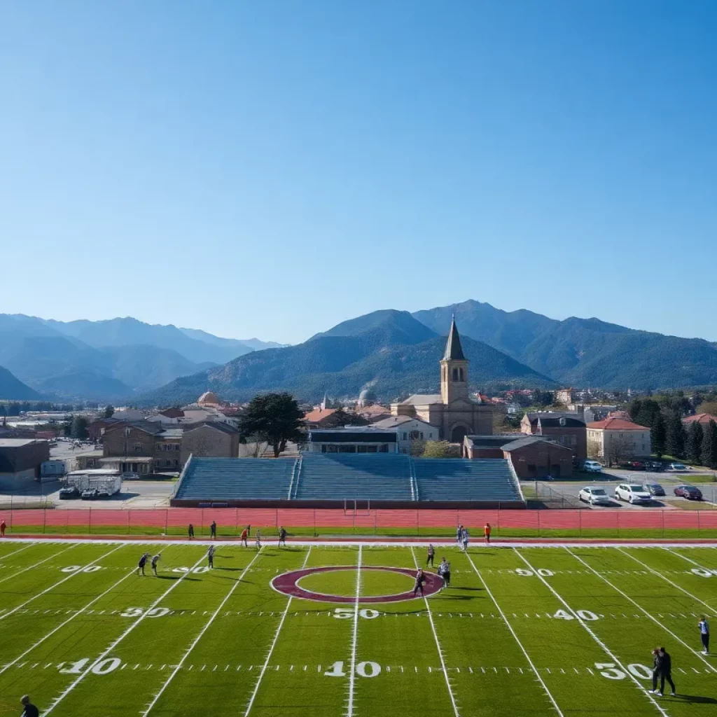 High school football players practicing on the field