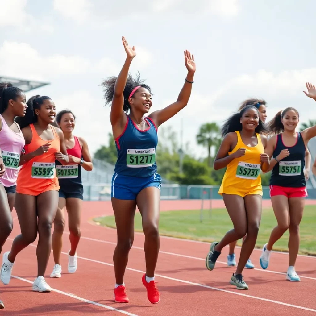 Group of young female athletes celebrating on a track field.