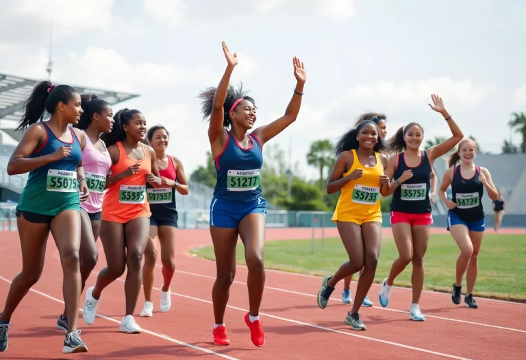 Group of young female athletes celebrating on a track field.