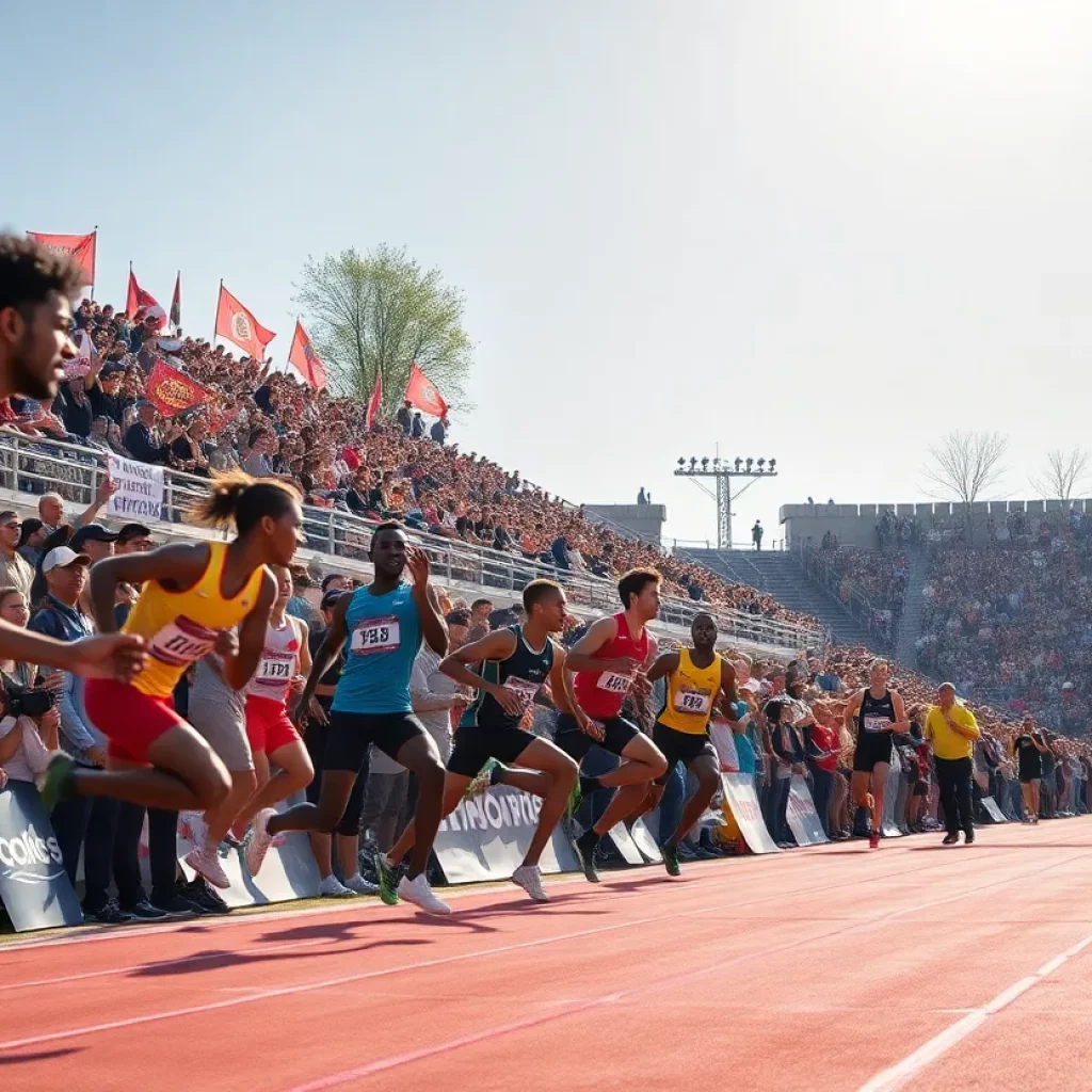 Athletes competing in a high-stakes track and field championship under clear skies.