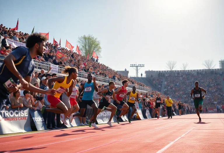 Athletes competing in a high-stakes track and field championship under clear skies.