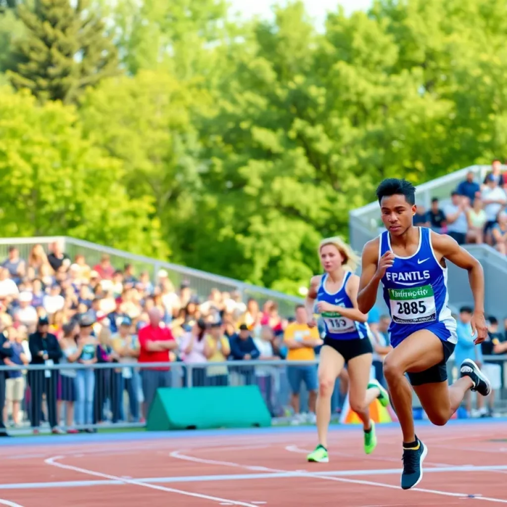 Athletes competing in a state track meet with spectators cheering.