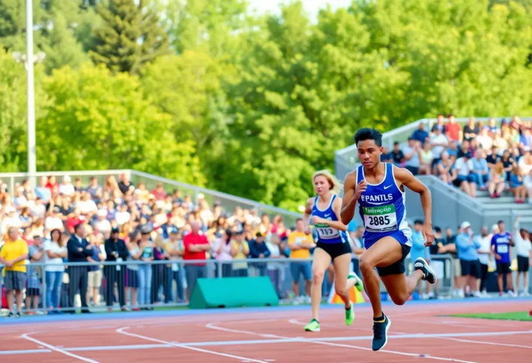 Athletes competing in a state track meet with spectators cheering.
