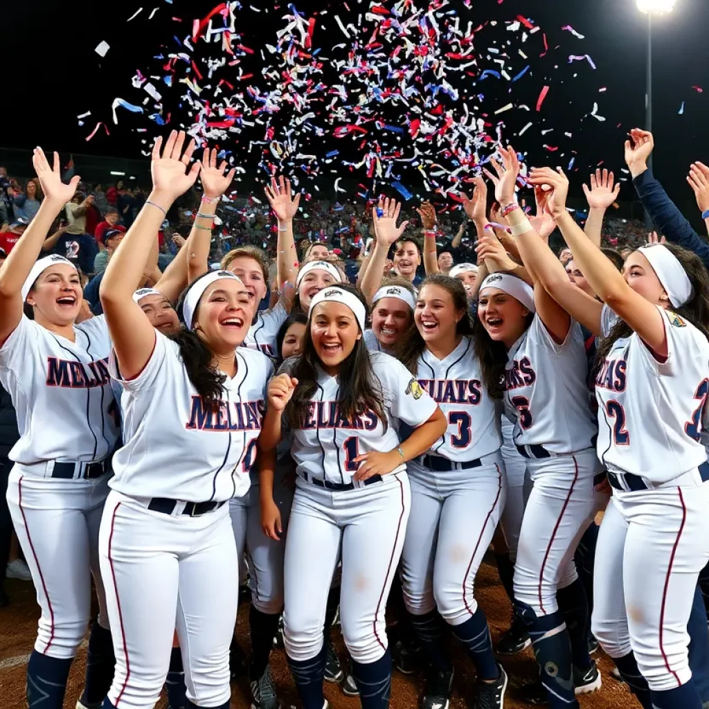 Tri-Village High School softball team celebrating their championship victory