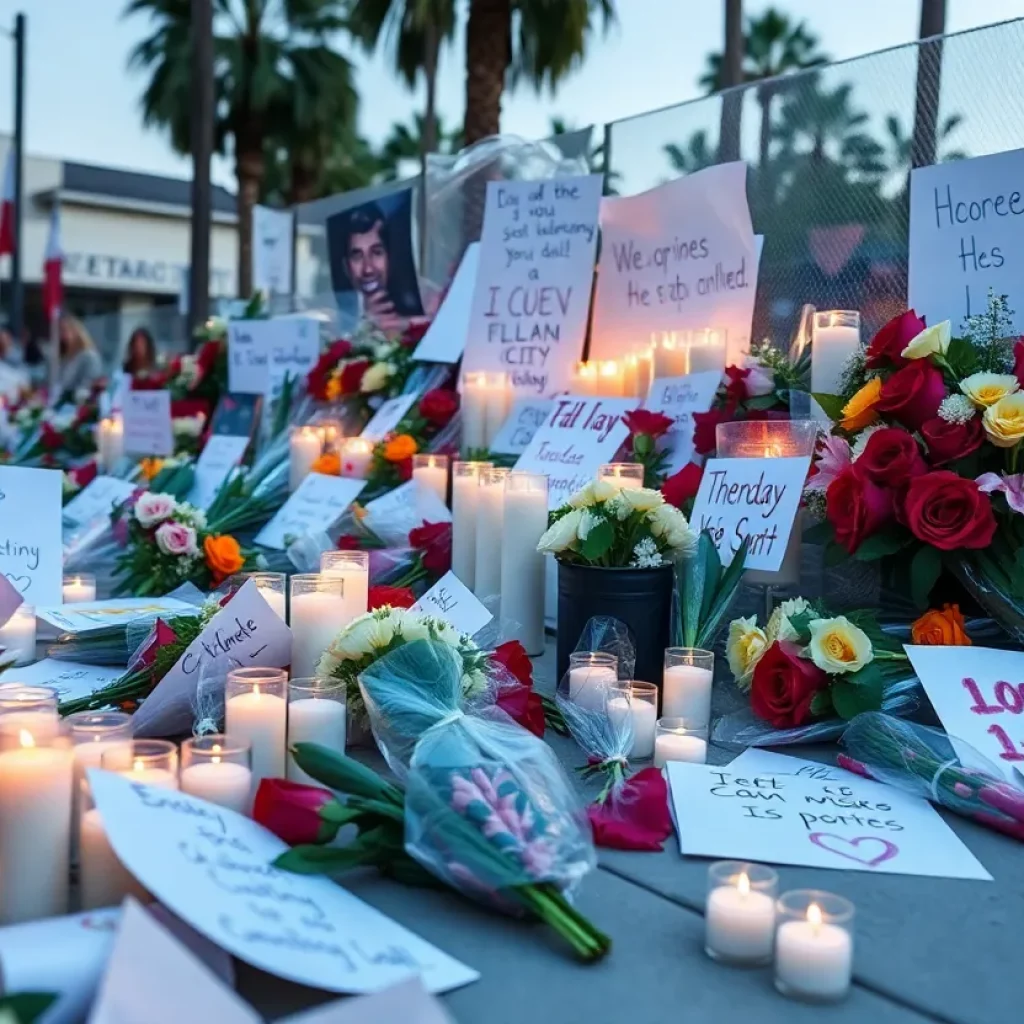 Community tribute to Chandler Jones with candles and flowers