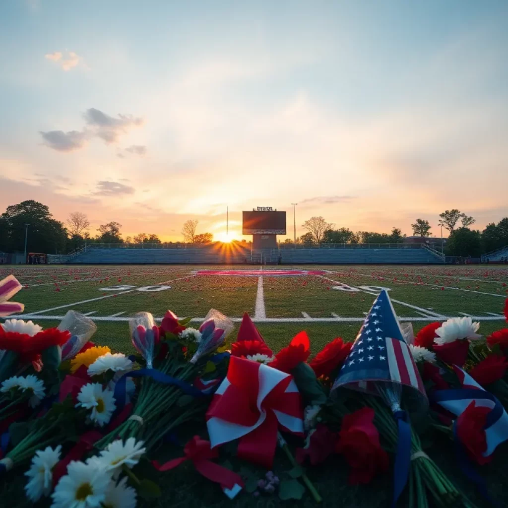 A sunset football field adorned with flowers and team colors in tribute to a beloved coach.