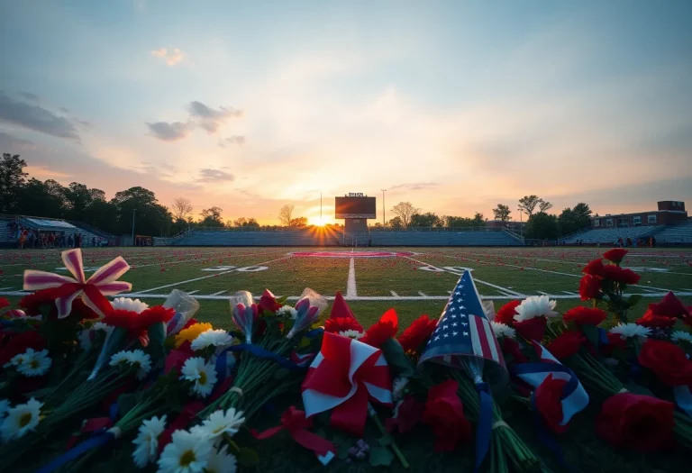 A sunset football field adorned with flowers and team colors in tribute to a beloved coach.