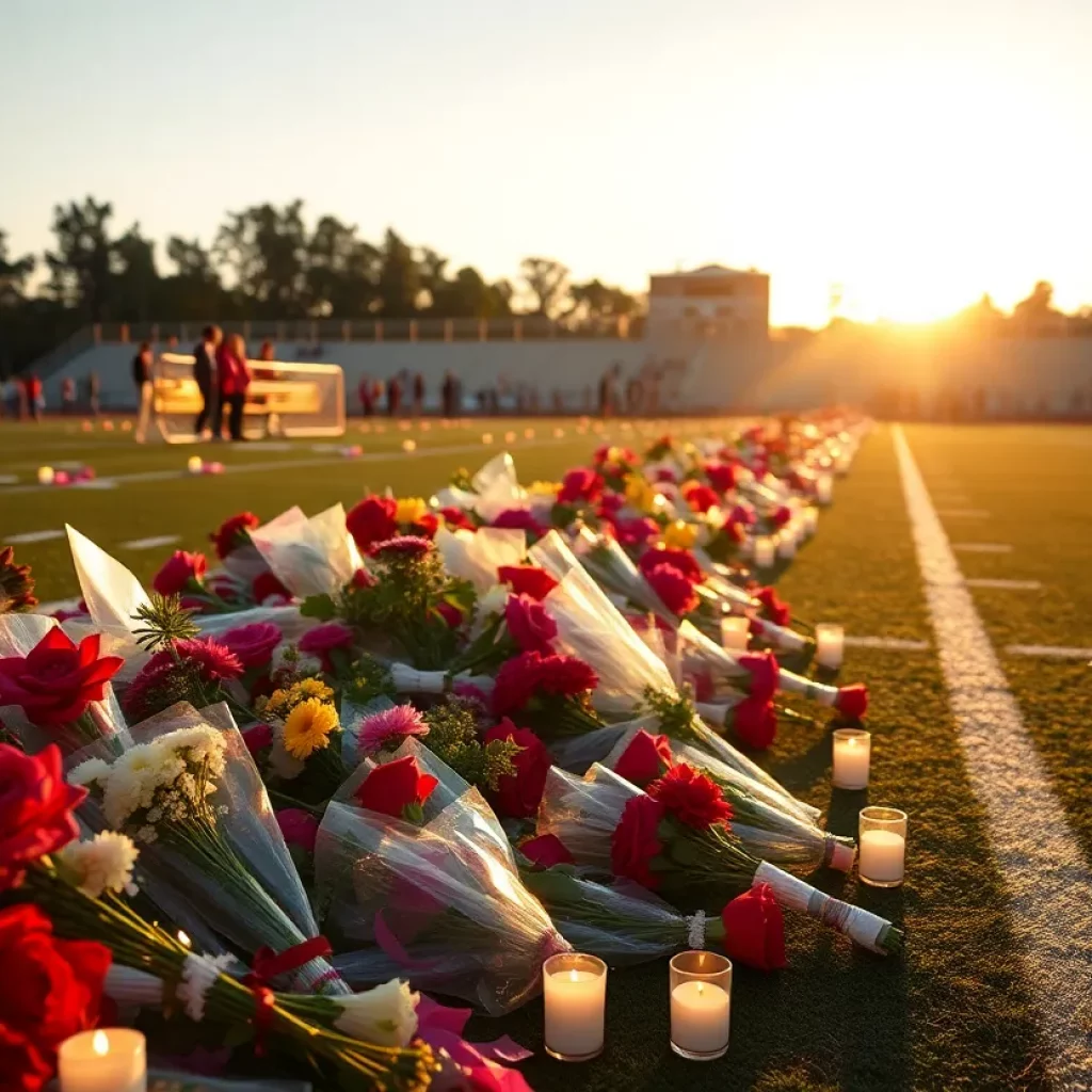 Flowers and candles in memory of Coach Trosper at the football field