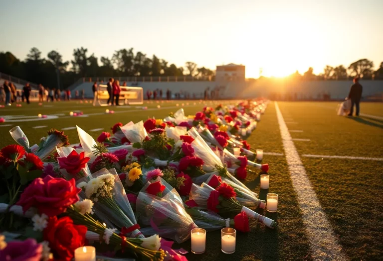 Flowers and candles in memory of Coach Trosper at the football field