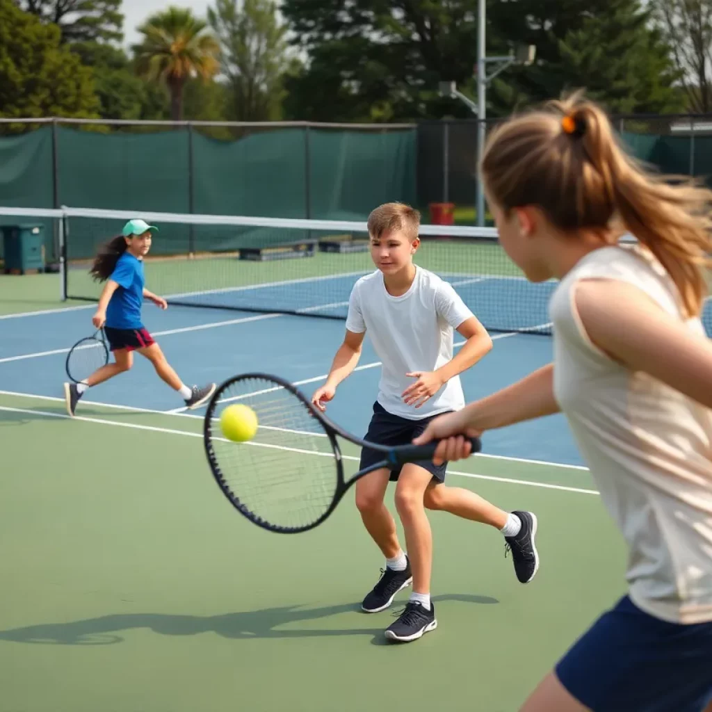 Young athletes playing tennis during a high school tournament in Tuscaloosa