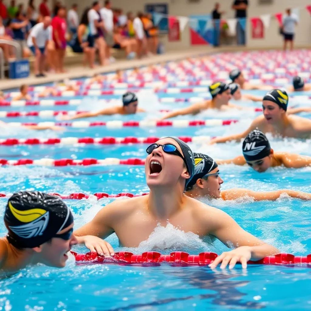 Swimmers competing during a collegiate swim meet at UC Berkeley