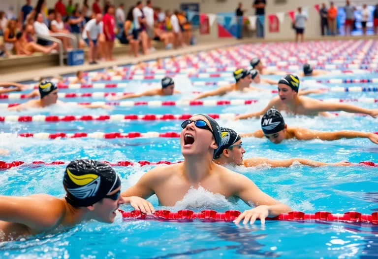 Swimmers competing during a collegiate swim meet at UC Berkeley