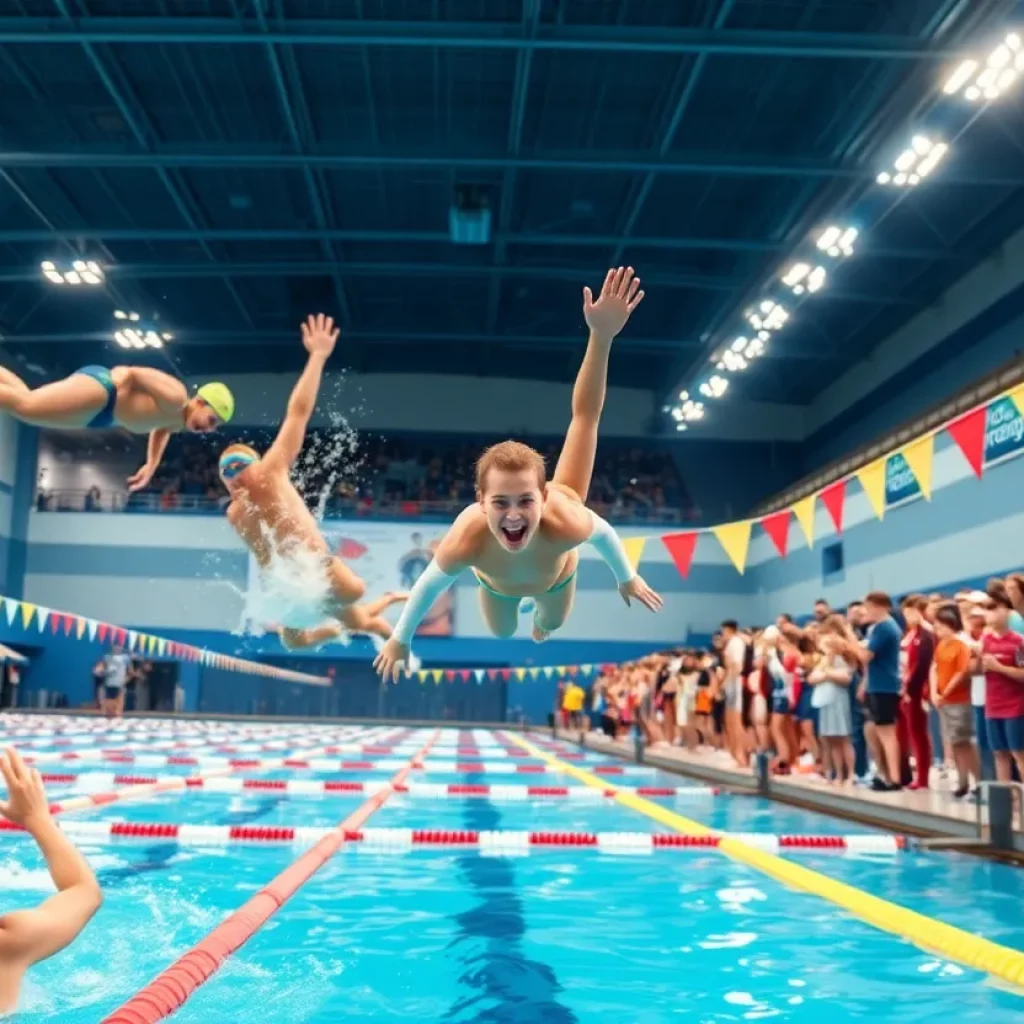 Athletes competing in a high school swimming championship at BYU.