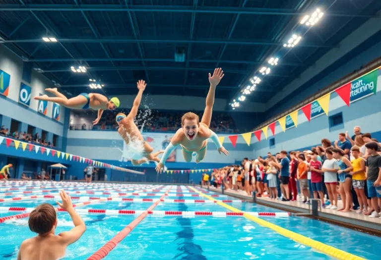 Athletes competing in a high school swimming championship at BYU.