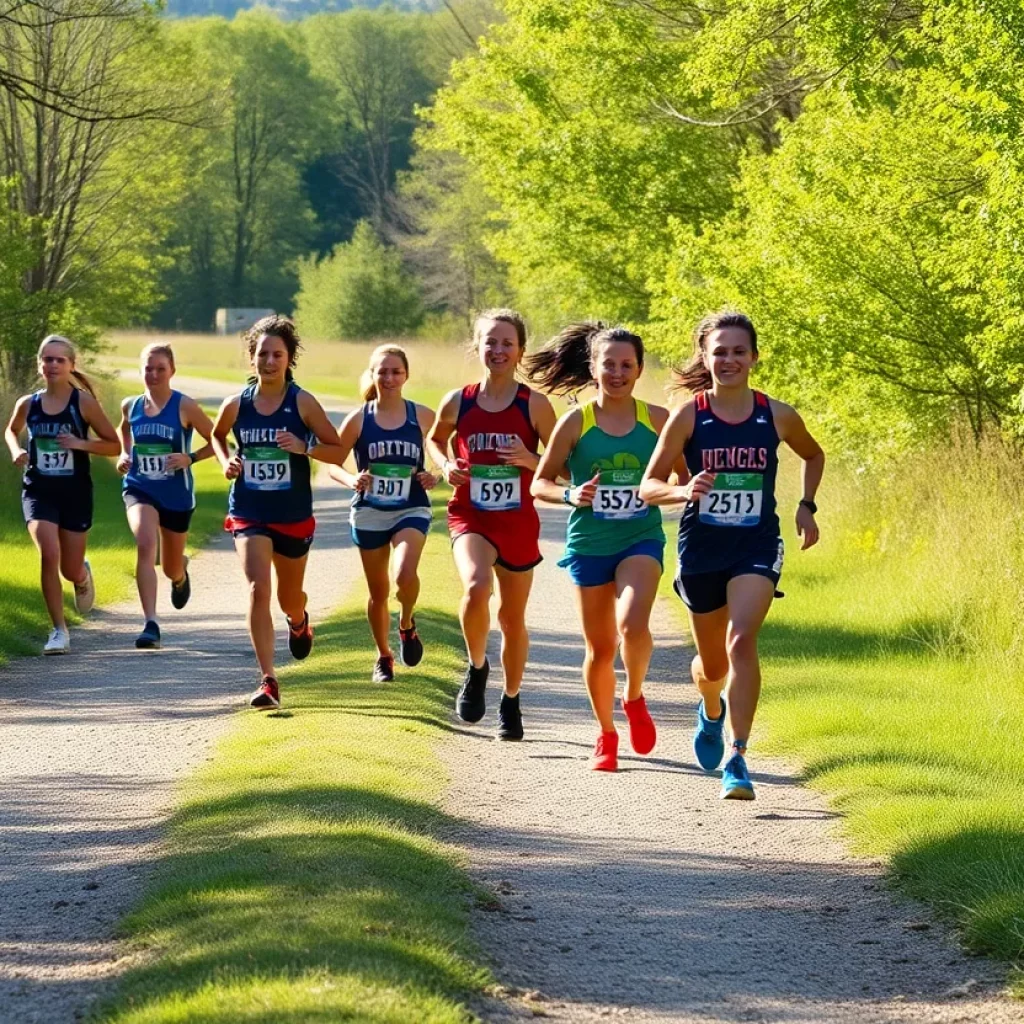 Diverse group of young athletes running on a cross country trail