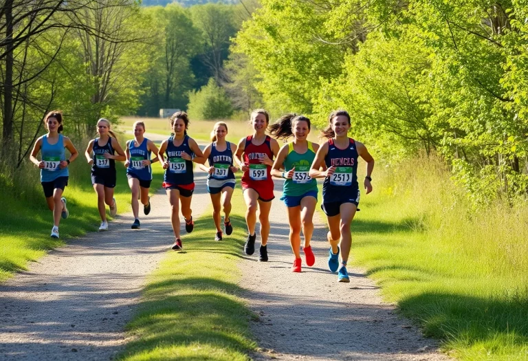 Diverse group of young athletes running on a cross country trail