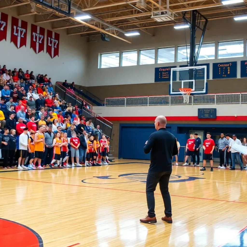 Valley High School basketball gym with players practicing