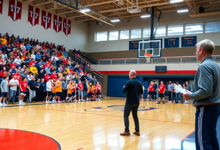 Valley High School basketball gym with players practicing