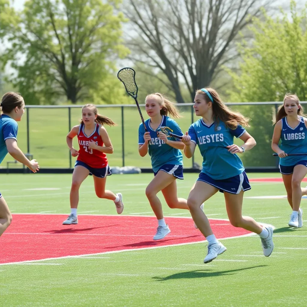 High school girls lacrosse players in action during a game in Vermont