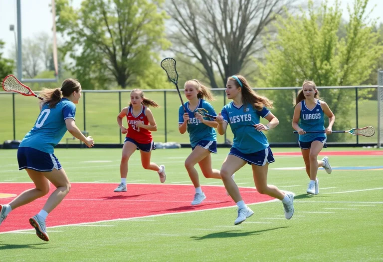 High school girls lacrosse players in action during a game in Vermont