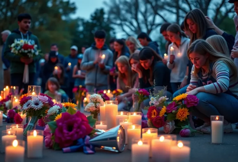 Community members gather at a vigil for a young football star.
