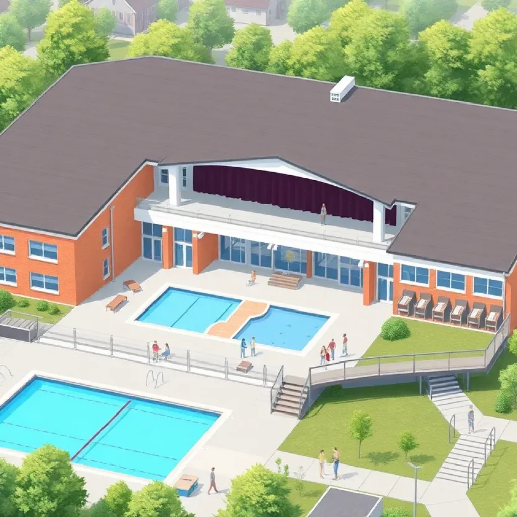 Conceptual design of Wallingford's new high school featuring a swimming pool and performance stage.